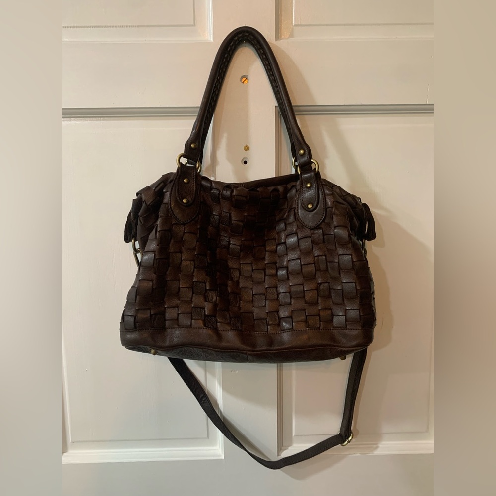 Sundance Nantucket Brown Leather Satchel Bag Tote Italian Leather Woven Weave